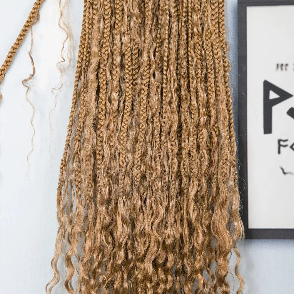Honey Blonde Crochet Boho Box Braids with Human Hair Curls