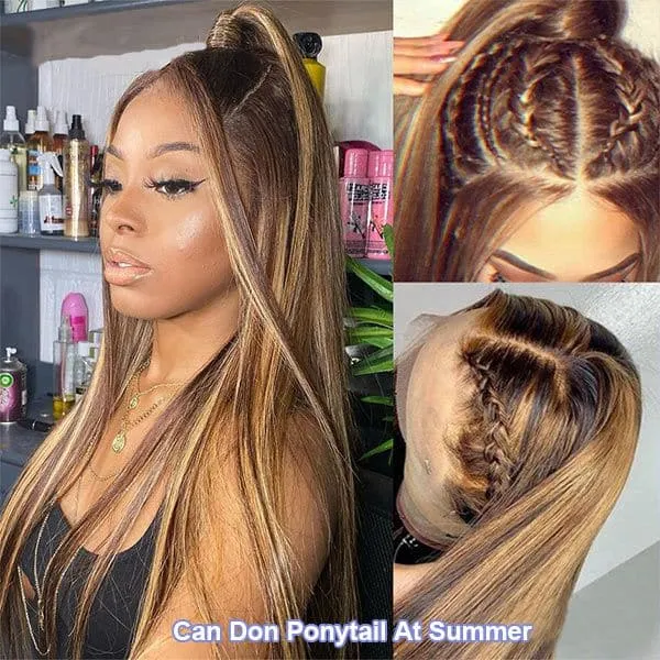 Honey Blonde Transparent 360 Lace Frontal Human Hair Wigs 4/27 Highlights Straight Colored Lace Wig