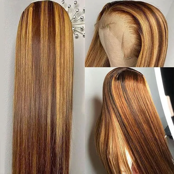 Honey Blonde Transparent 360 Lace Frontal Human Hair Wigs 4/27 Highlights Straight Colored Lace Wig