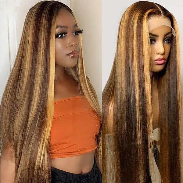 Honey Blonde Transparent 360 Lace Frontal Human Hair Wigs 4/27 Highlights Straight Colored Lace Wig