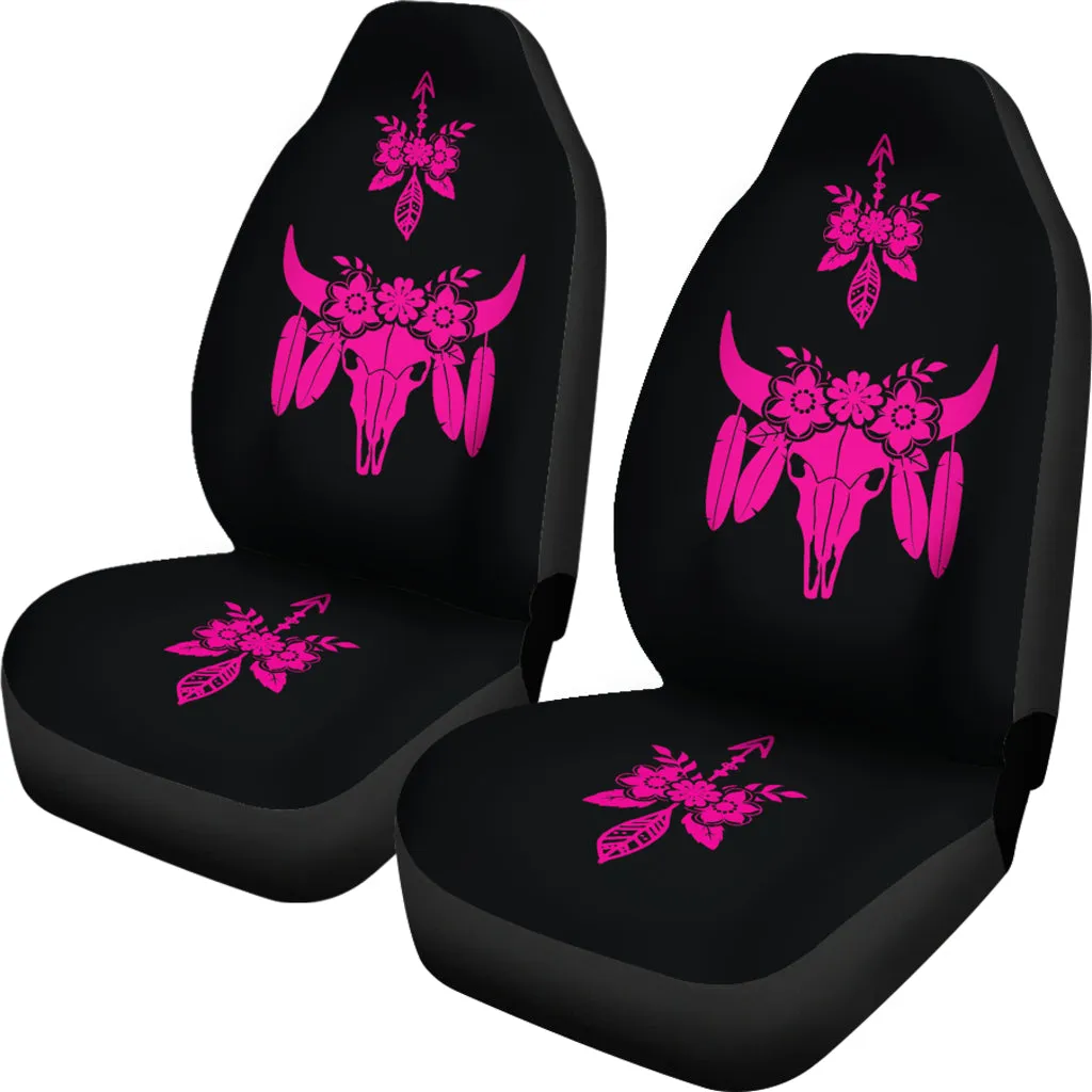Hot Pink and Black Boho Cow Skull and Flowers Car Seat COvers