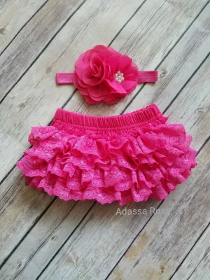 Hot Pink Bloomer And Headband Set Newborn Photo Prop Girls cake Smash Outfit Girls