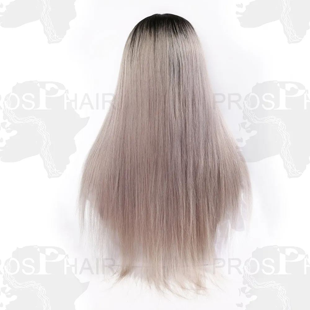 Human Hair Dark Root Lace Front Wig Grey Straight Style