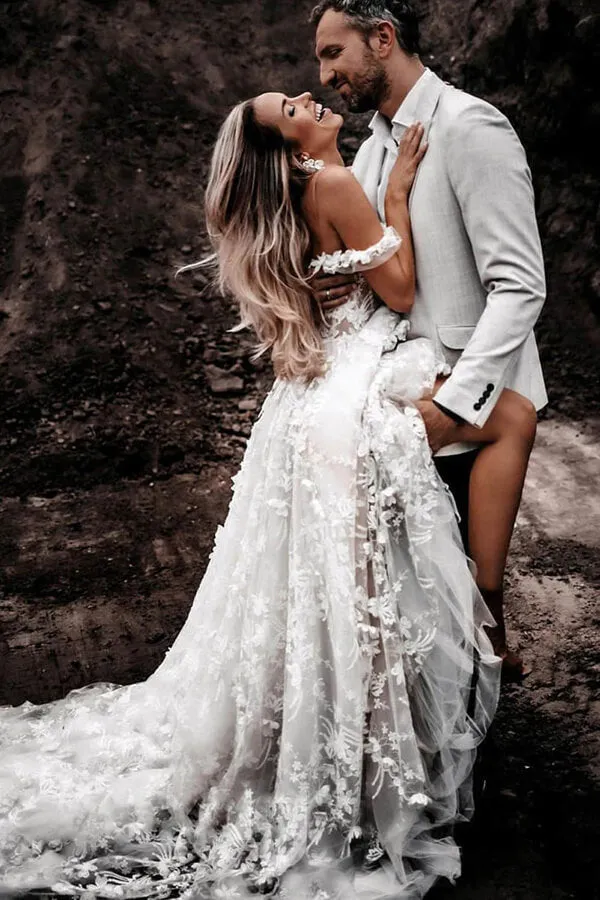 Ivory Tulle Off-the-Shoulder A-line Lace Flowers Beach Wedding Dresses, MW857