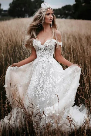 Ivory Tulle Off-the-Shoulder A-line Lace Flowers Beach Wedding Dresses, MW857