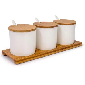 June Sky Ceramic Food Storage Containers with Bamboo Lid- Modern Design Porcelain Jar- Perfect Canister for Sugar Bowl Serving Tea, Coffee, Spice- Condiment Pot 8 oz, white