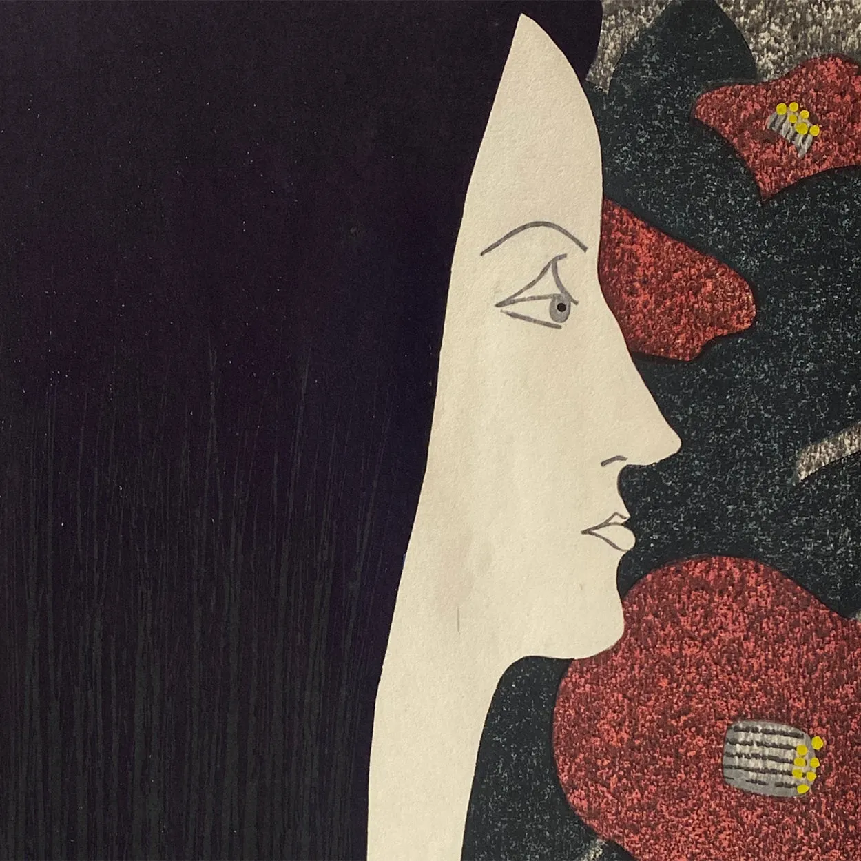 KIYOSHI SAITO Woodblock Print on Paper, Camellia (Tsubaki)
