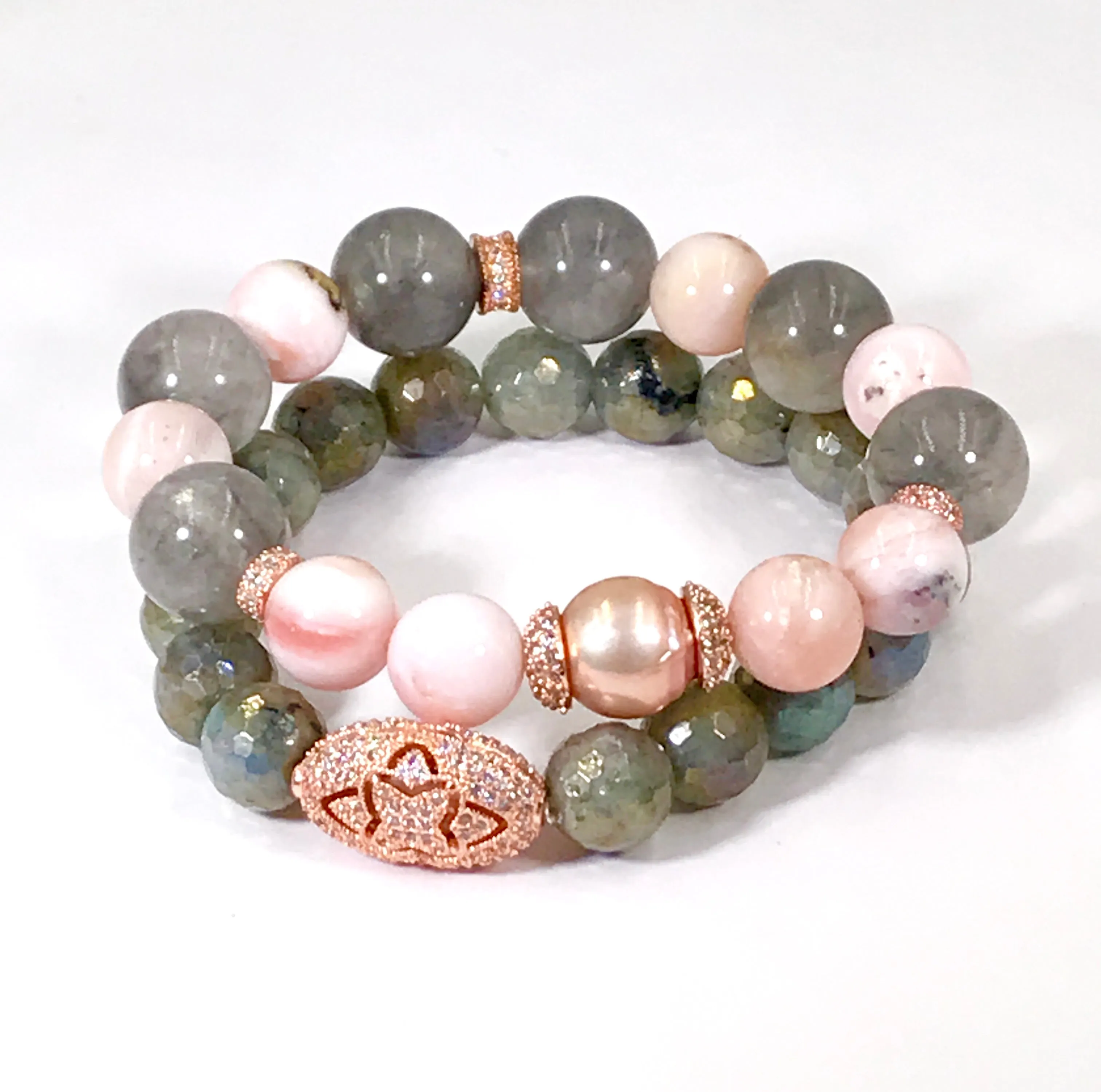Labradorite and Rose Gold Pave CZ Beaded Stretch Bracelet