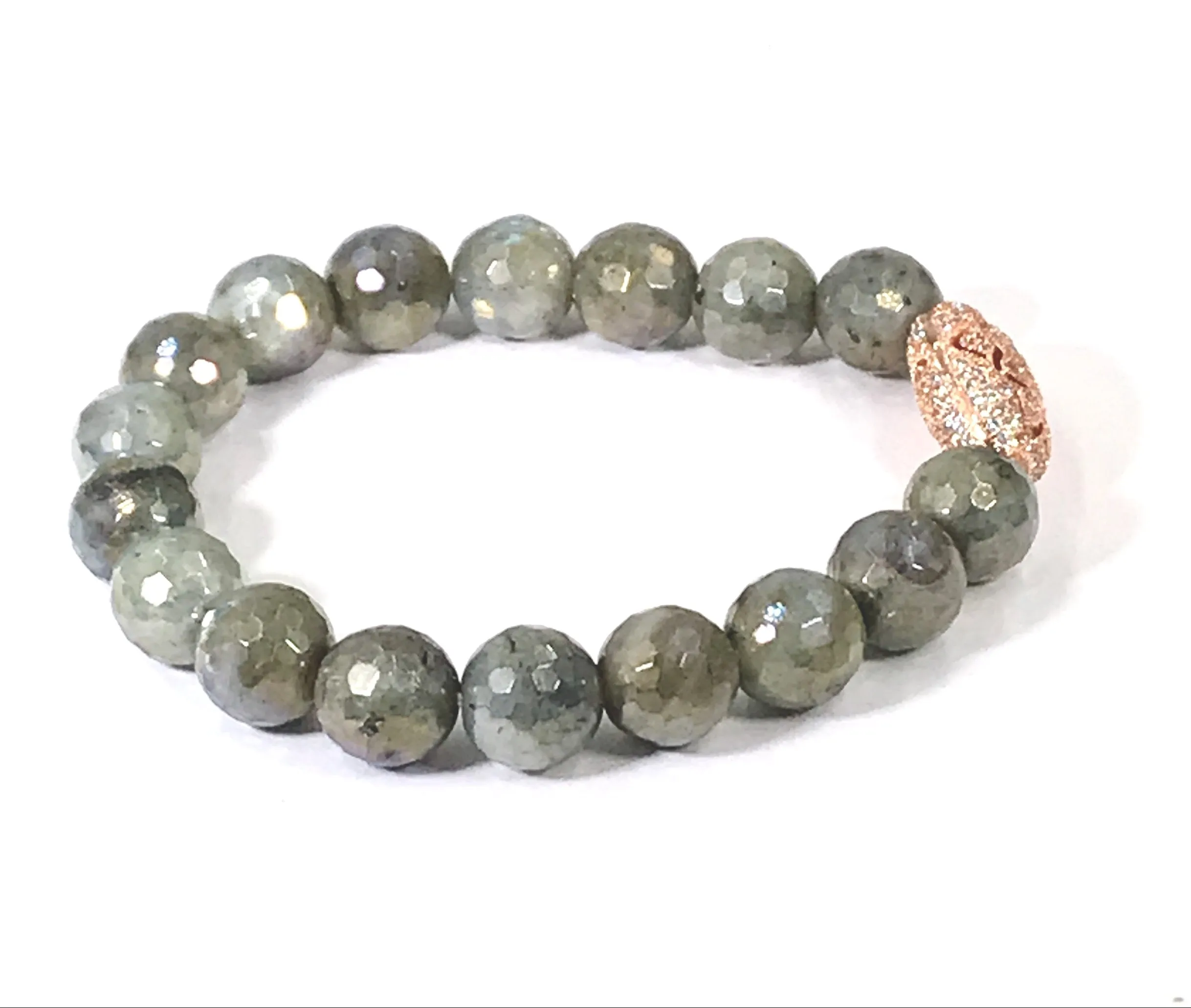 Labradorite and Rose Gold Pave CZ Beaded Stretch Bracelet
