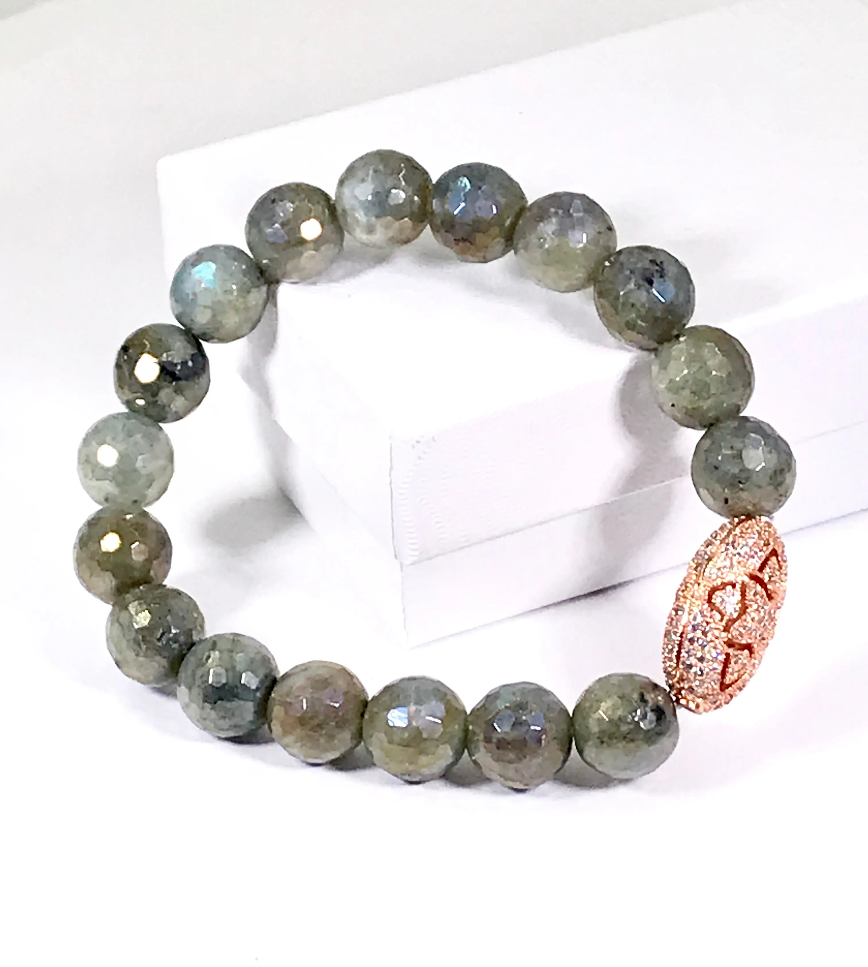 Labradorite and Rose Gold Pave CZ Beaded Stretch Bracelet