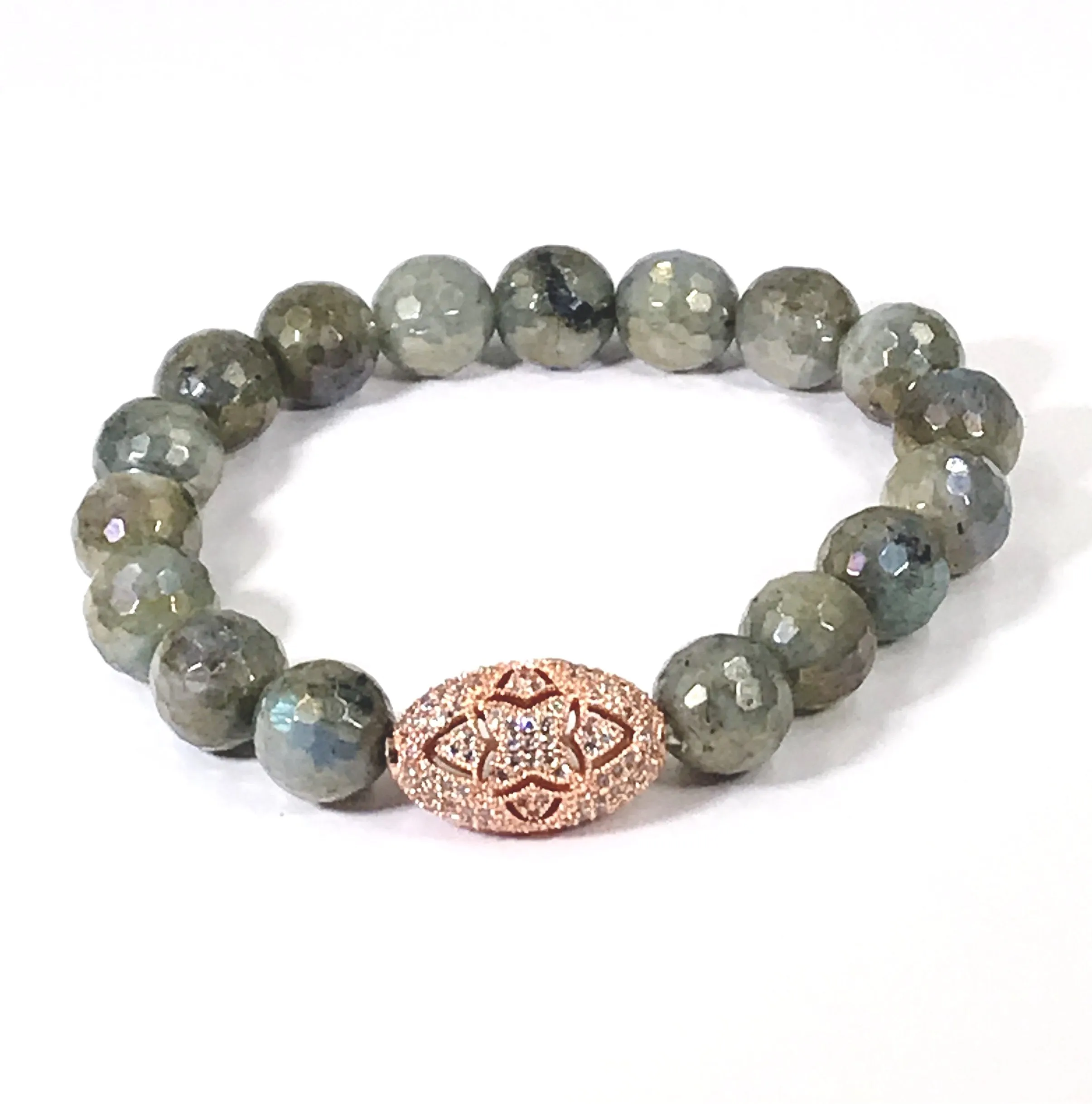 Labradorite and Rose Gold Pave CZ Beaded Stretch Bracelet