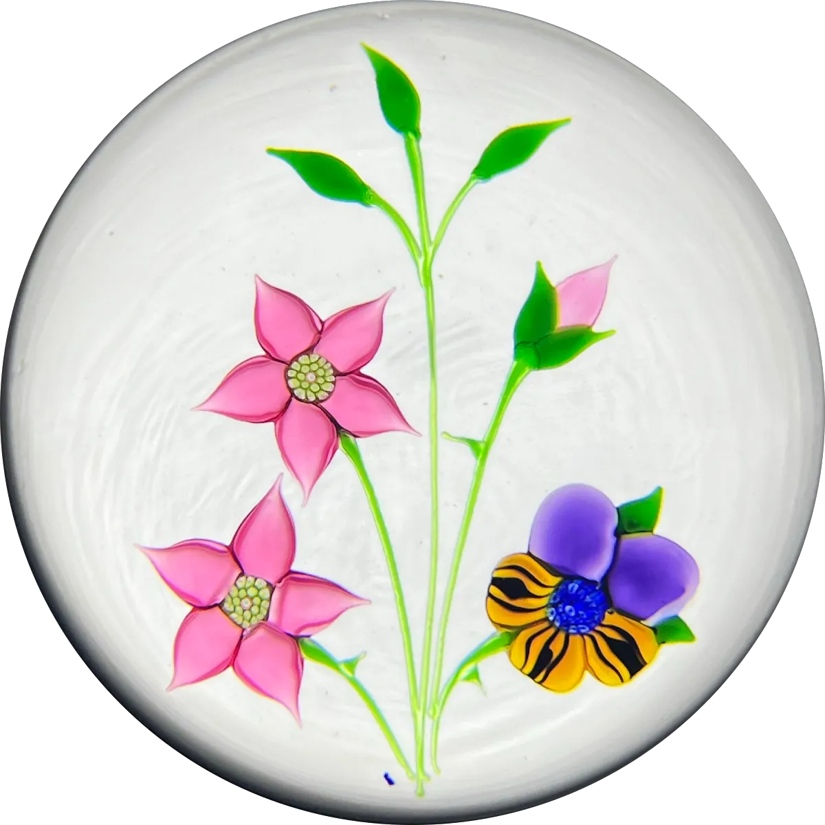 LE Caithness Whitefriars 1985 Flamework Pansy Bouquet on Opaque White Ground