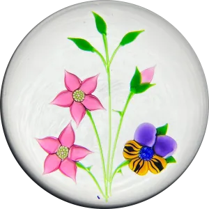 LE Caithness Whitefriars 1985 Flamework Pansy Bouquet on Opaque White Ground