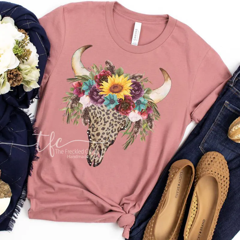 {Leopard Floral Bull Skull} screen print tee
