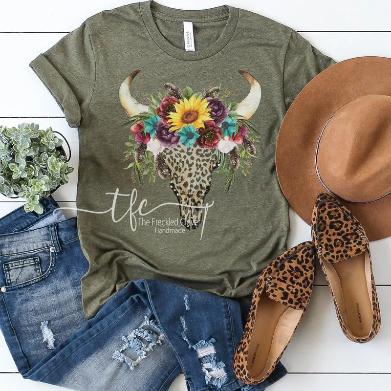 {Leopard Floral Bull Skull} screen print tee