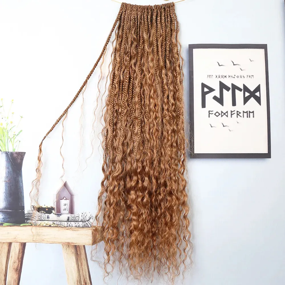 Light Brown Crochet Boho Box Braids with Human Hair Curls