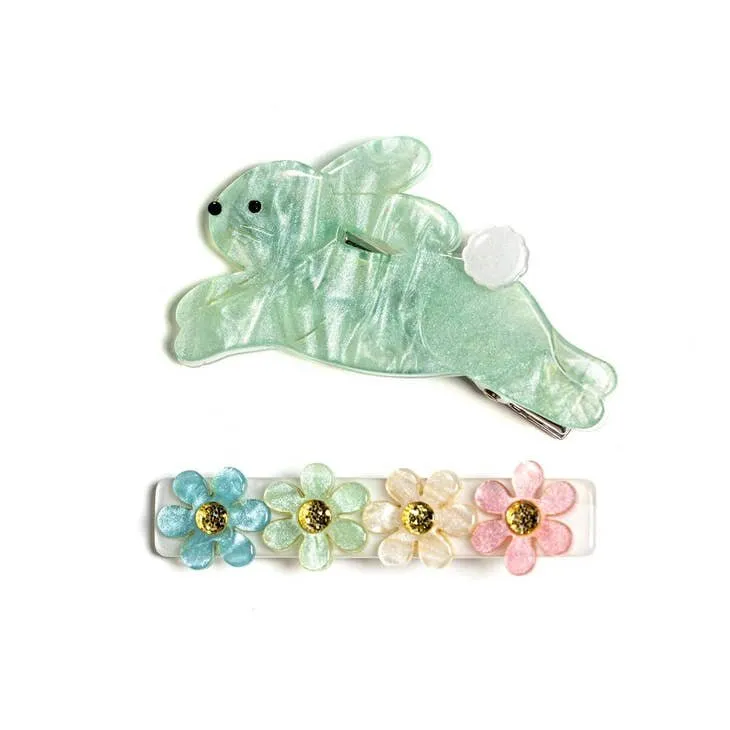Lilies & Roses Hop Bunny Alligator Clip Set - Mint Satin