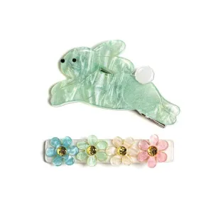 Lilies & Roses Hop Bunny Alligator Clip Set - Mint Satin