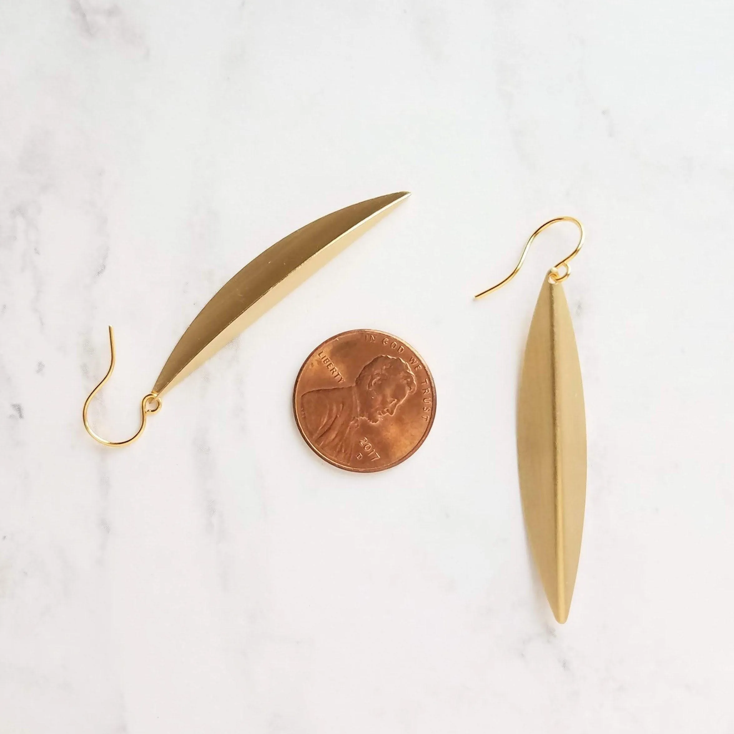 Long Gold Earrings, oval earring, simple gold earring, long simple gold earring, pod earring, folded leaf earring, long narrow earring
