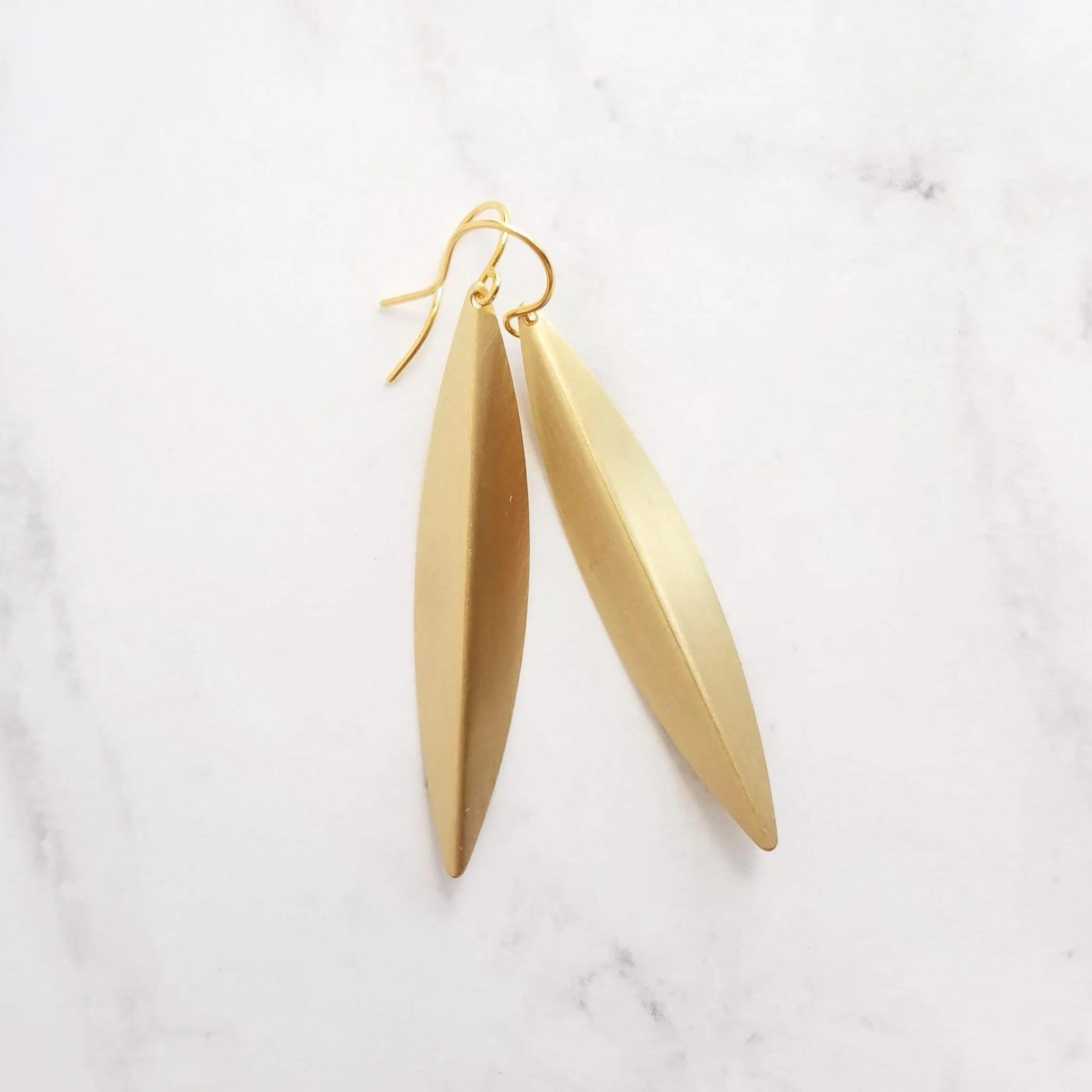 Long Gold Earrings, oval earring, simple gold earring, long simple gold earring, pod earring, folded leaf earring, long narrow earring