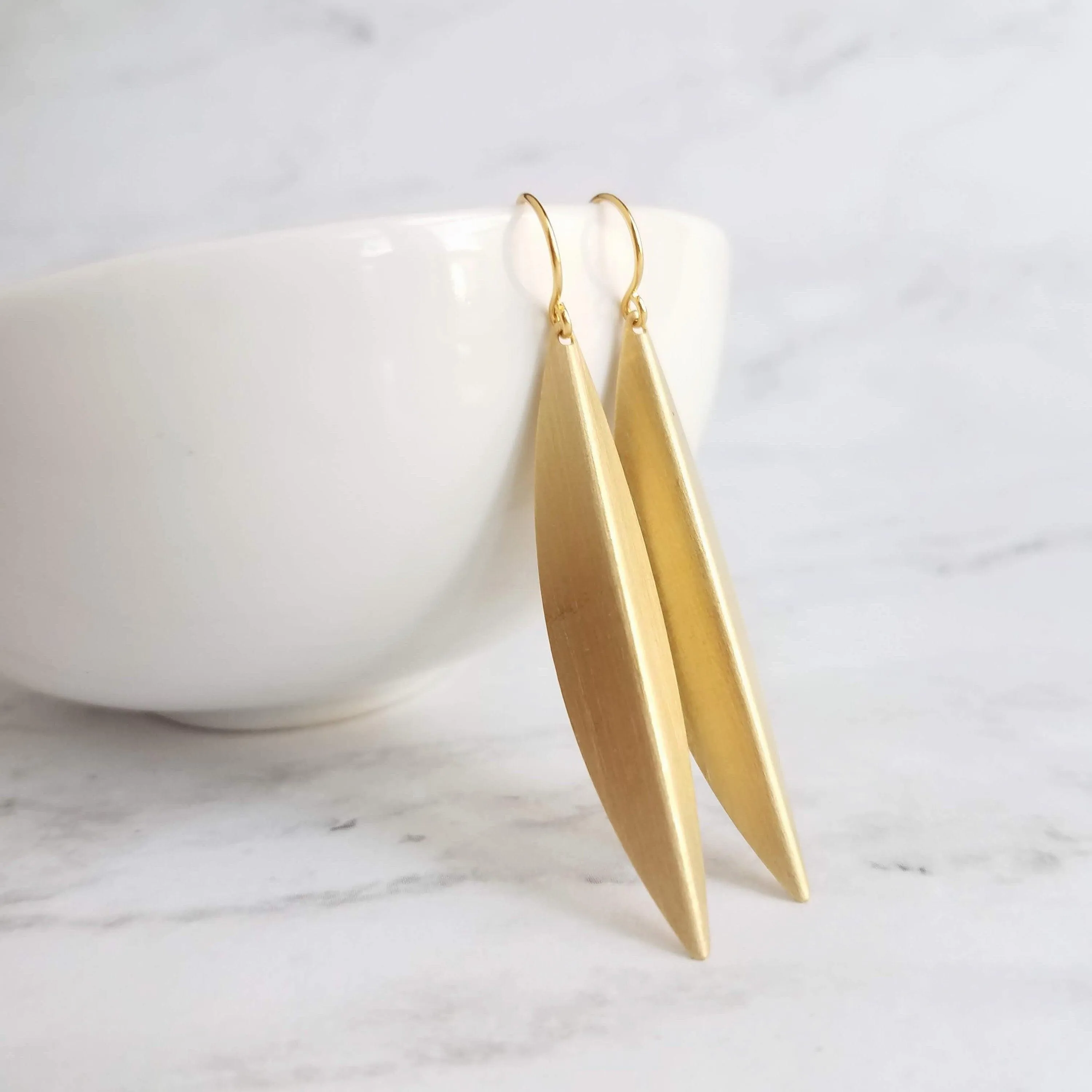 Long Gold Earrings, oval earring, simple gold earring, long simple gold earring, pod earring, folded leaf earring, long narrow earring