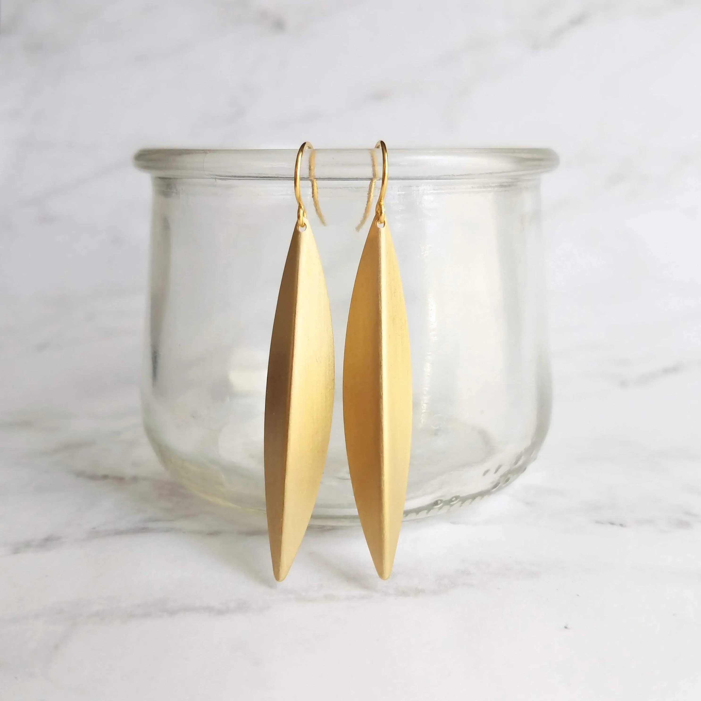 Long Gold Earrings, oval earring, simple gold earring, long simple gold earring, pod earring, folded leaf earring, long narrow earring