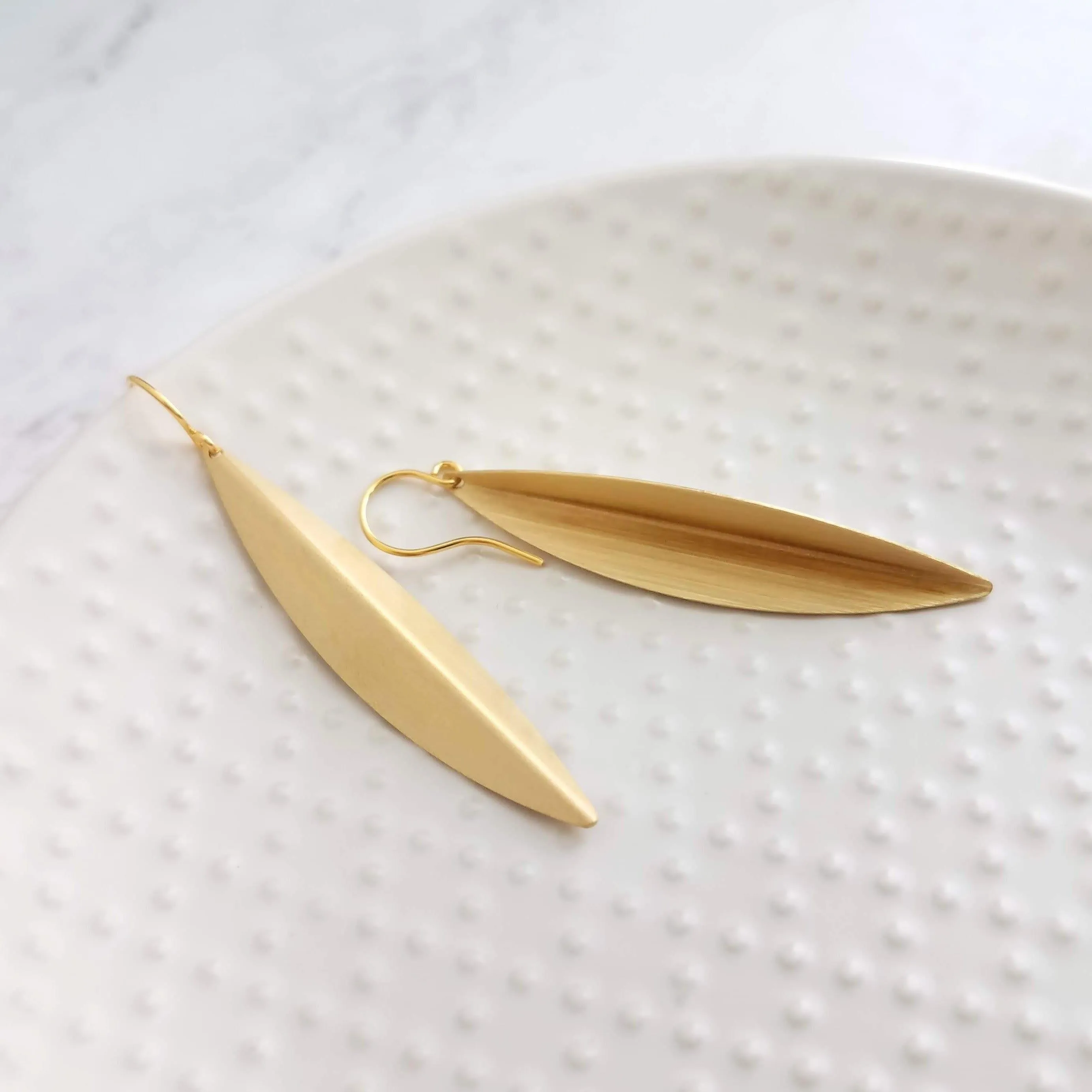 Long Gold Earrings, oval earring, simple gold earring, long simple gold earring, pod earring, folded leaf earring, long narrow earring