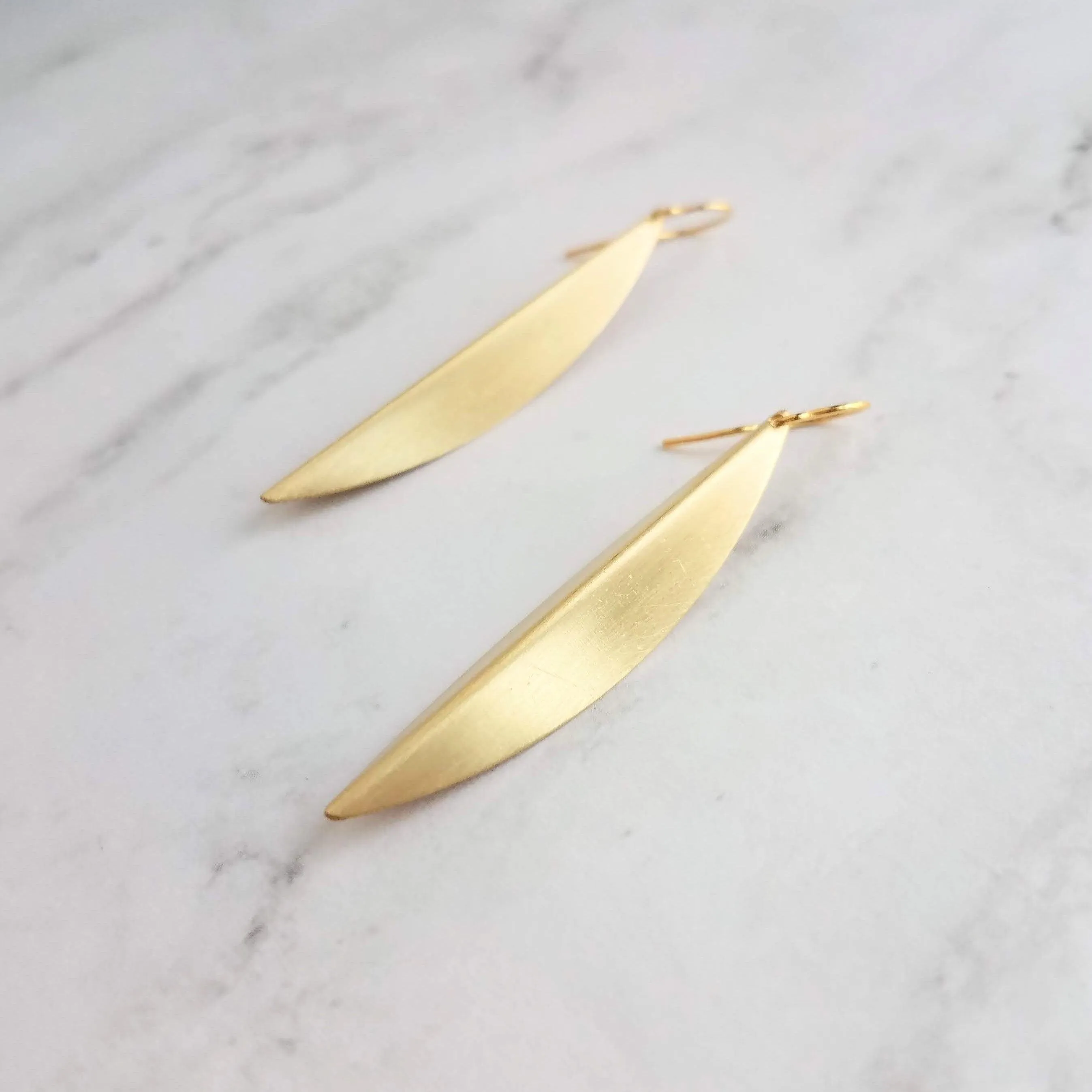 Long Gold Earrings, oval earring, simple gold earring, long simple gold earring, pod earring, folded leaf earring, long narrow earring