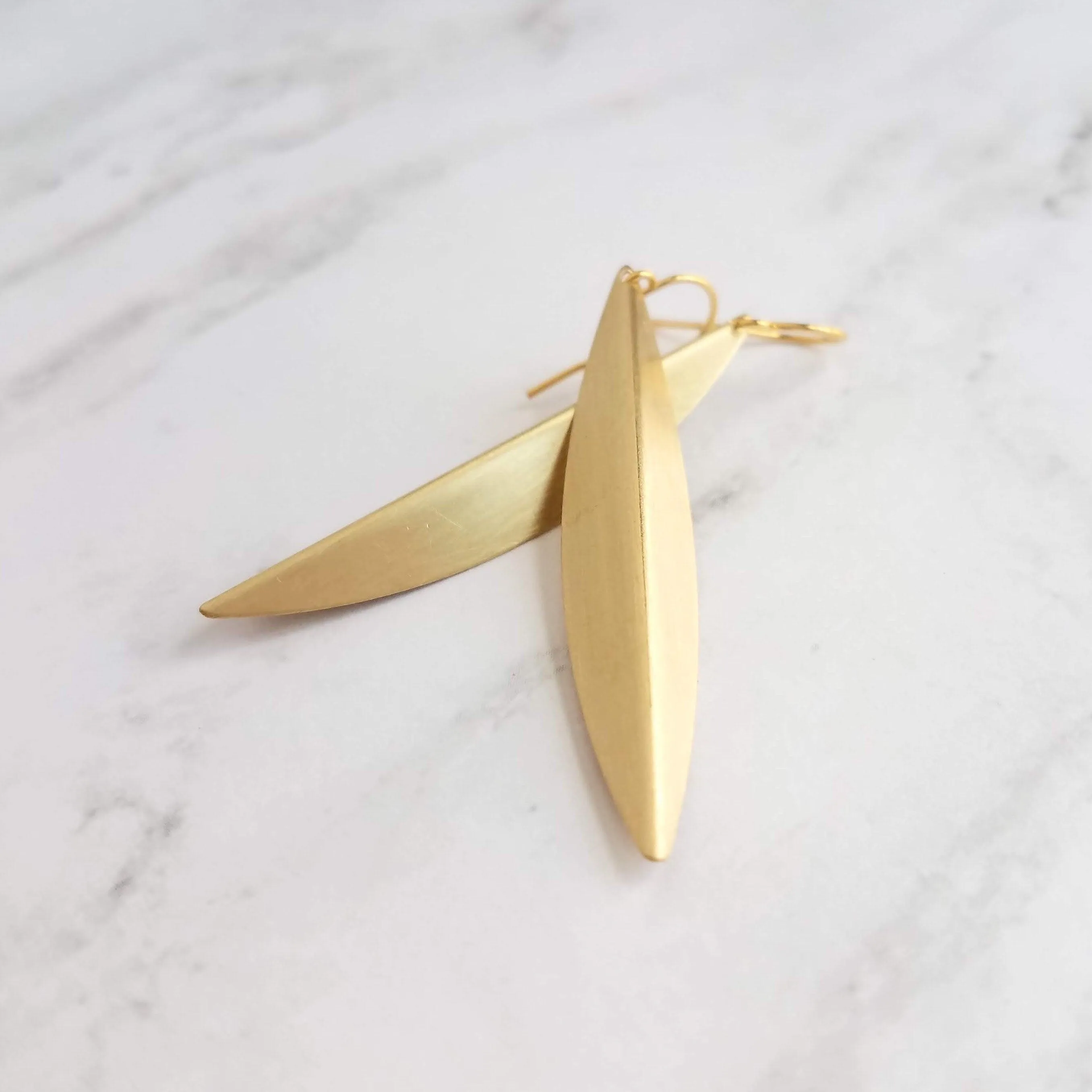 Long Gold Earrings, oval earring, simple gold earring, long simple gold earring, pod earring, folded leaf earring, long narrow earring