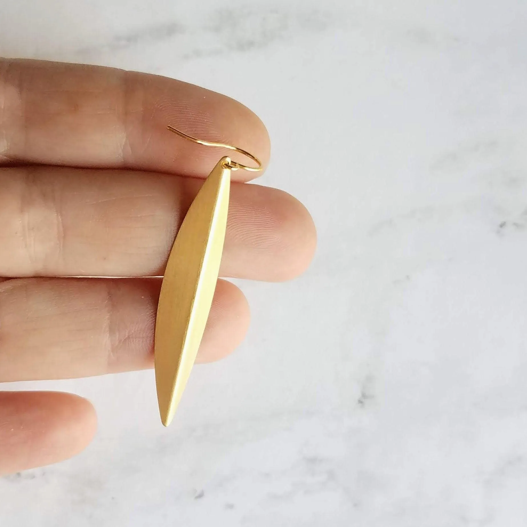 Long Gold Earrings, oval earring, simple gold earring, long simple gold earring, pod earring, folded leaf earring, long narrow earring