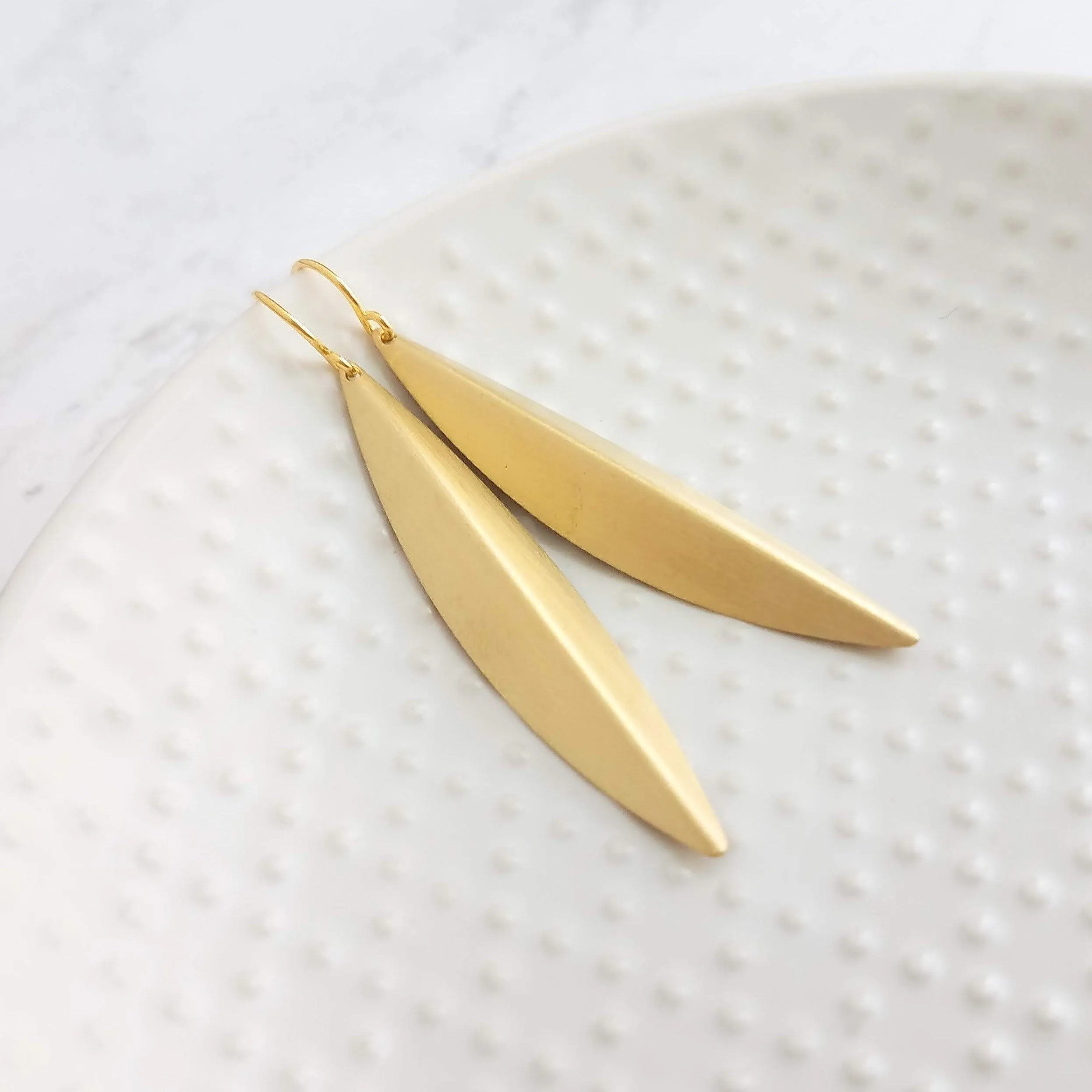 Long Gold Earrings, oval earring, simple gold earring, long simple gold earring, pod earring, folded leaf earring, long narrow earring