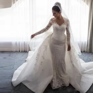 Long Sleeve Mermaid Detachable Tail And Applique Wedding Dress Free Shipping