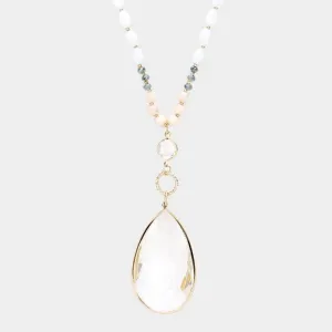Multi Beaded Teardrop Gray Stone Pendant Long Necklace