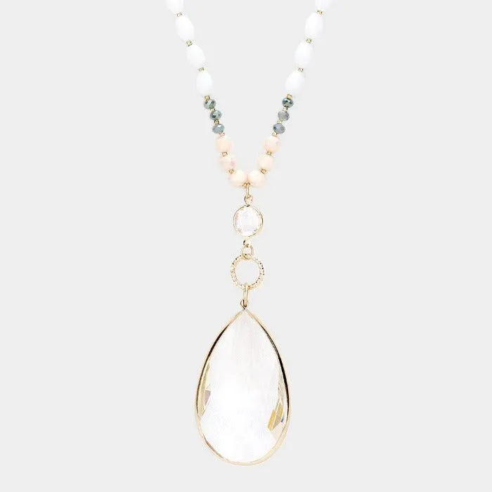 Multi Beaded Teardrop Gray Stone Pendant Long Necklace