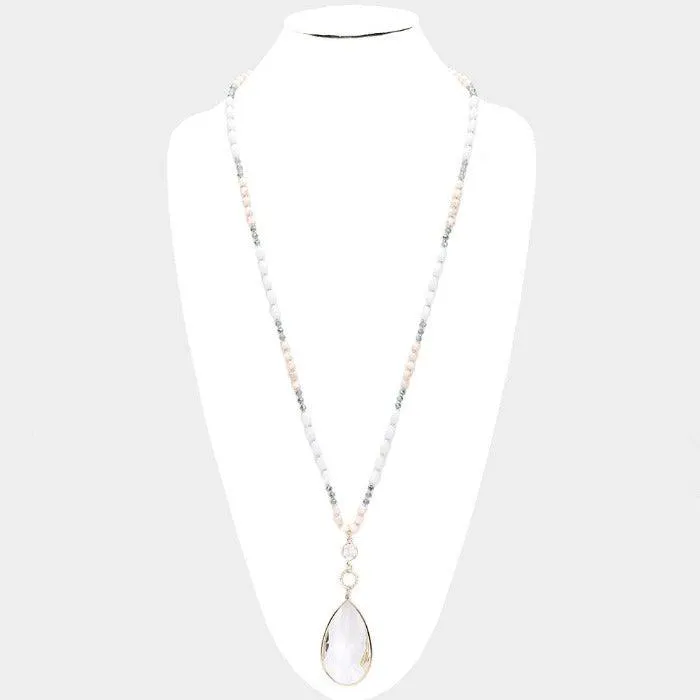 Multi Beaded Teardrop Gray Stone Pendant Long Necklace