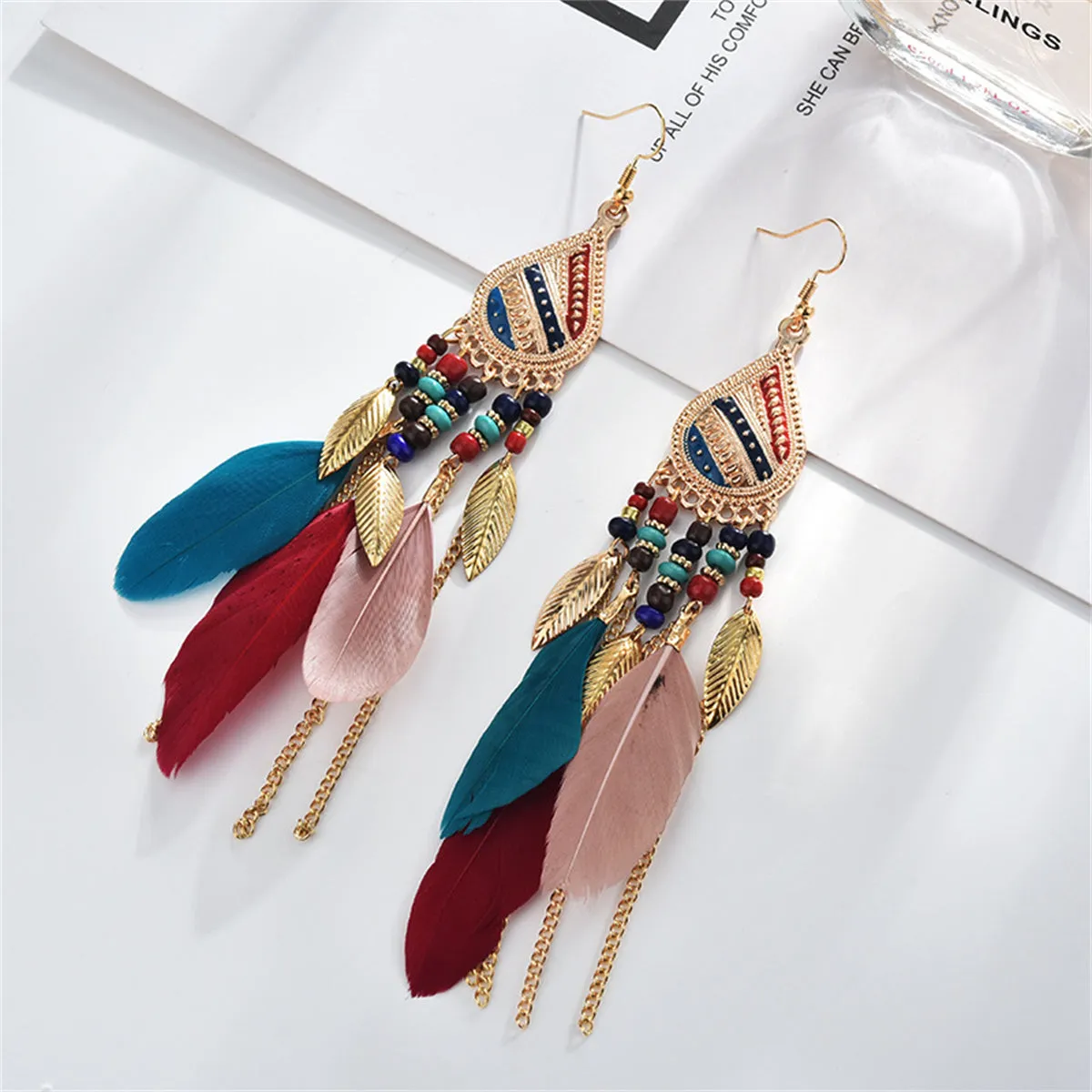 Multicolored Feather & 18K Gold-Plated Feather Drop Earrings