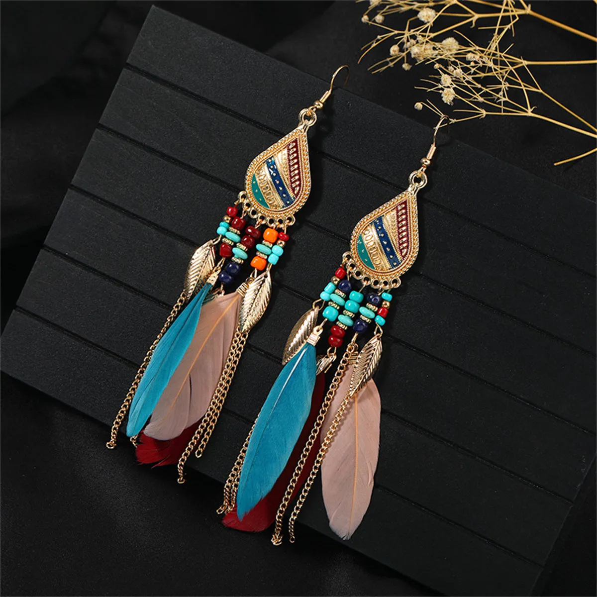 Multicolored Feather & 18K Gold-Plated Feather Drop Earrings