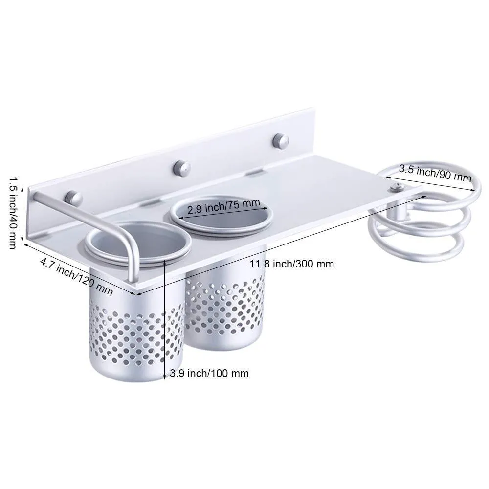 MyLifeUNIT Wall Mount Hair Dryer Hanging Rack Organizer, Aluminum Hair Dryer Holder with 2 Cups