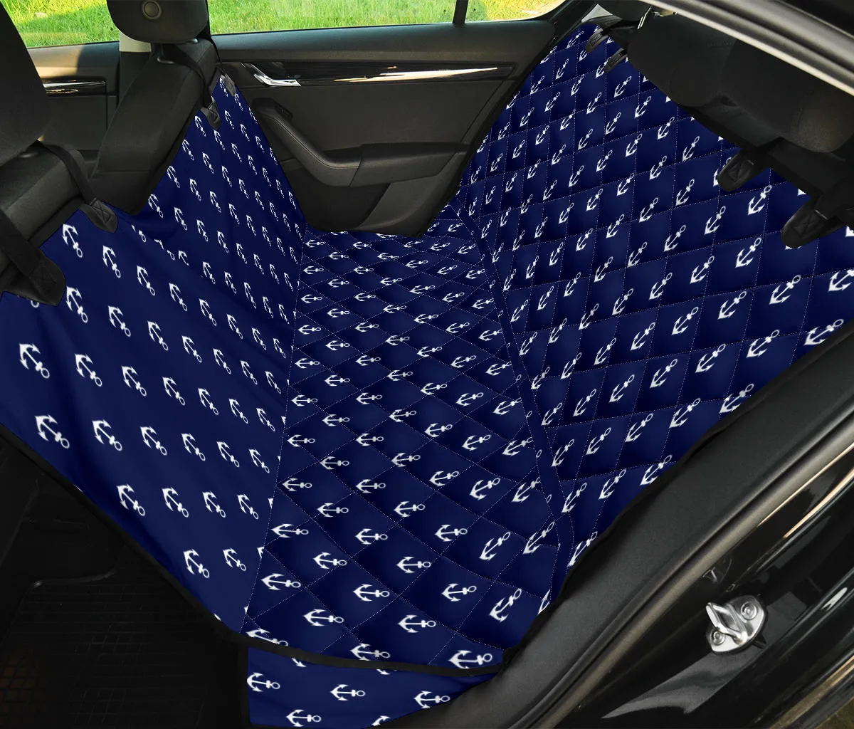 Navy Blue With White Anchor Pattern Pet Hammock Back Seat Cover For Dogs