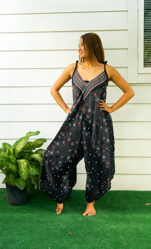 Obsidian Peacock Feather Boho Jumpsuit