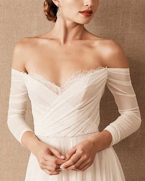 Off The Shoulder Beach Wedding Dresses Summer Long Sleeve Chiffon Bridal Wedding Gown