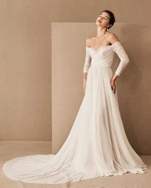 Off The Shoulder Beach Wedding Dresses Summer Long Sleeve Chiffon Bridal Wedding Gown