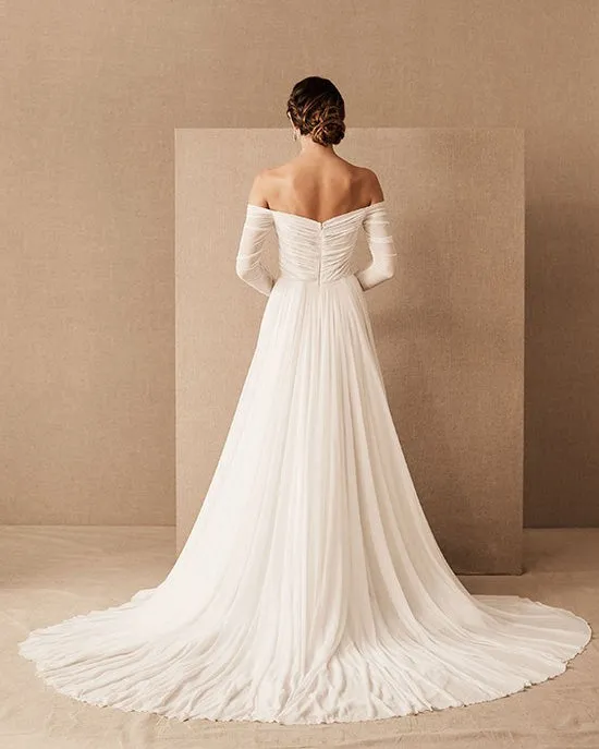 Off The Shoulder Beach Wedding Dresses Summer Long Sleeve Chiffon Bridal Wedding Gown
