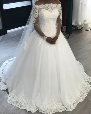 Off The Shoulder White Lace Wedding Dresses with Full Sleeve 2019 New Bridal Dress Ball Gown