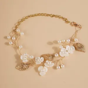 Off White Flower Bridal Bracelet, Wedding Floral Pearl Wire Bracelet, Bridesmaid Small Flower Bracelet, Prom Party Wire Bracelet