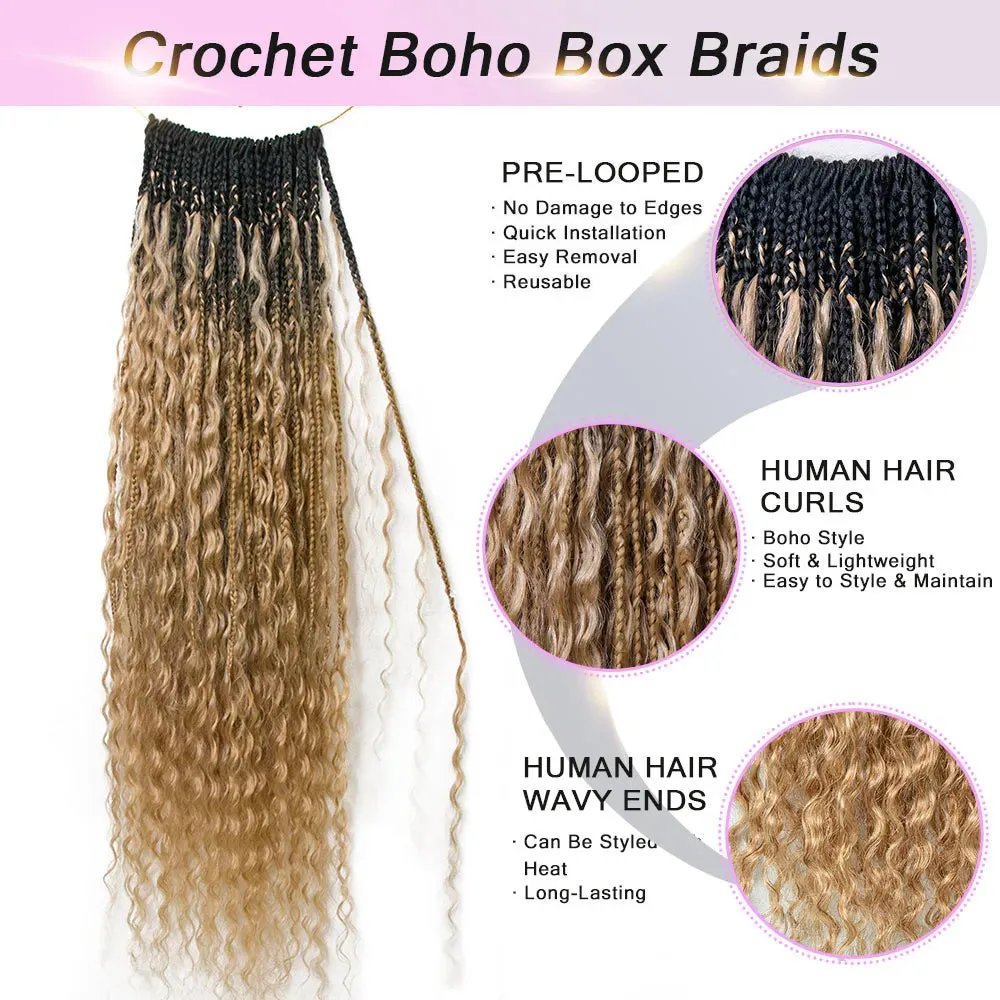 Ombre Honey Blonde Crochet Boho Box Braids with Human Hair Curls