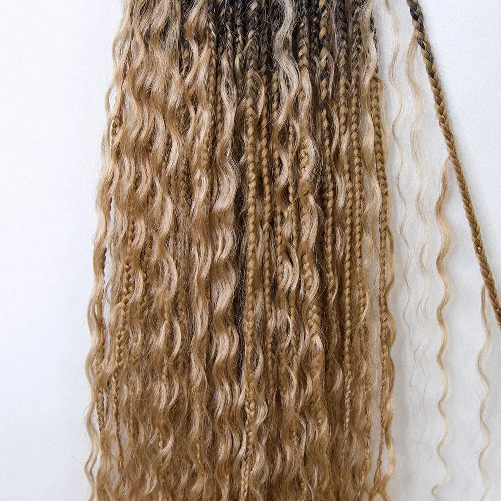 Ombre Honey Blonde Crochet Boho Box Braids with Human Hair Curls