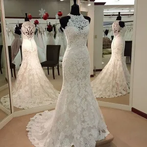 On Sale! High Neck Lace Wedding Dresses Mermaid for Brides 2018 Floor Length Wedding Gown