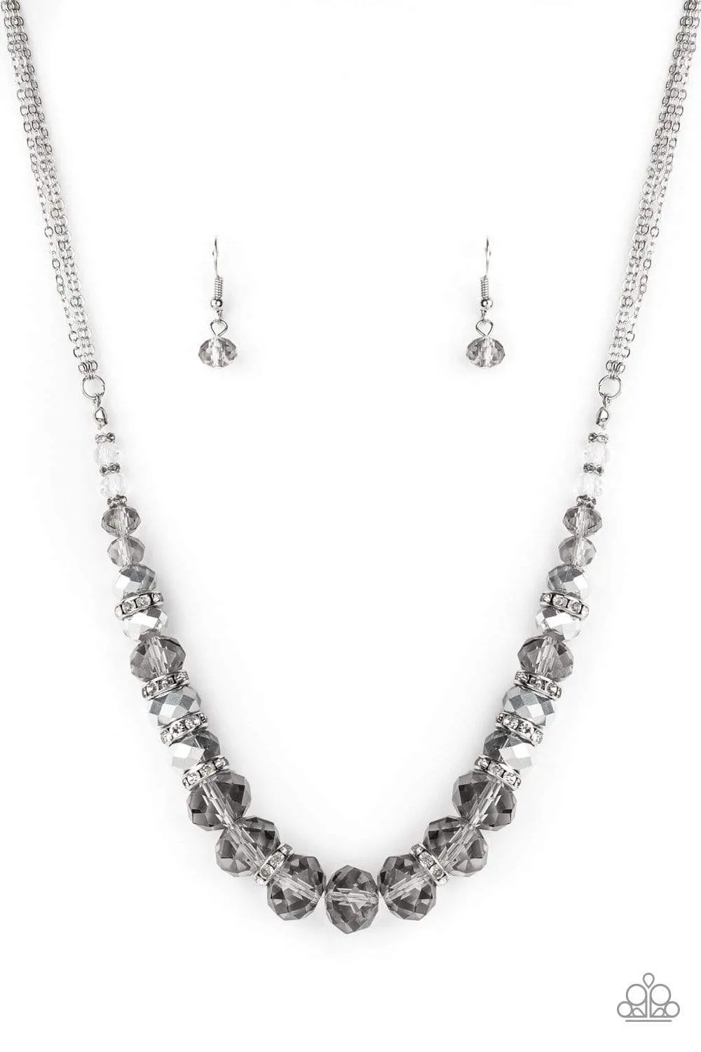 Paparazzi " Distracted by Dazzle " Silver Metal Gray Smoky Crystal Beads Necklace Set