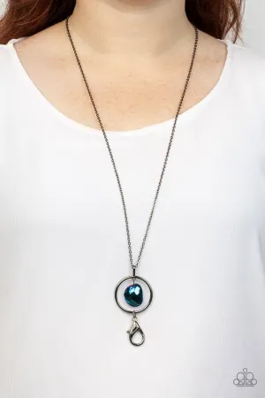 Paparazzi " Hands Down Dazzling " Gunmetal & Faceted Blue Crystal Lanyard Necklace Set